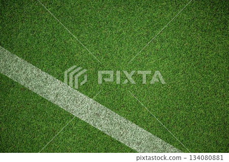 White painted diagonal line marking is being shown on dense grass turf flat design illustration 134080881