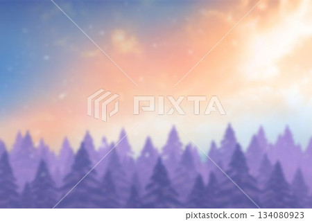 Flat design purple pine silhouettes are spanning frame, soft gradient sky, wispy clouds, speckles Flat design purple pine silhouettes are spanning frame, soft gradient sky, wispy clouds, speckles 134080923