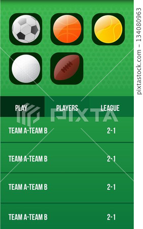 Displaying sports app interface with green-dot background, five rounded ball icons, nav bar, scores 134080963