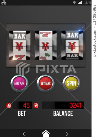 Slot machine app with yen sign on mobile screen 134080965
