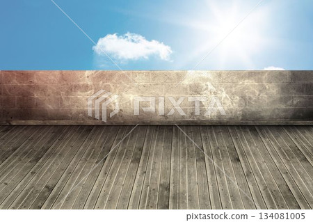 Flat design terrace deck is featuring wooden plank floor, stone wall, bright sun and white cloud Flat design terrace deck is featuring wooden plank floor, stone wall, bright sun and white cloud 134081005