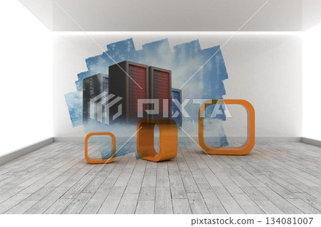 Abstract screen in room showing server towers Abstract screen in room showing server towers 134081007