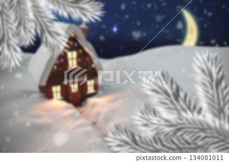 Wooden cabin is glowing under falling snow in flat design, showing red door and string lights 134081011