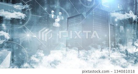 Cluster of server racks is rising from clouds in flat design, with cloud symbols, avatar icons 134081018