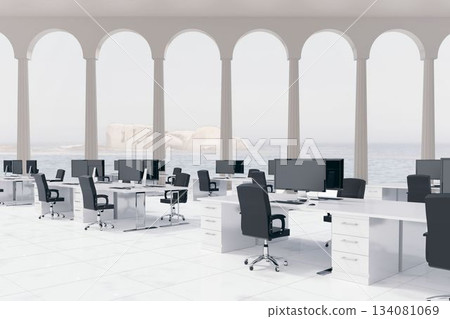 Flat design office is showing white workstations and black chairs under columns opening to sea view 134081069