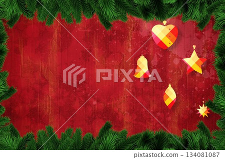 Christmas decorations over wooden planks Christmas decorations over wooden planks 134081087