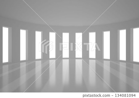 Empty curved space is being shown in flat design featuring tall windows and reflective floor Empty curved space is being shown in flat design featuring tall windows and reflective floor 134081094