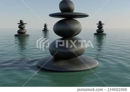 Showing flat design cairns rising over calm water under clear sky, one large front, three receding 134081098