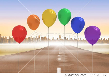 Six floating balloons are drifting along deserted road toward distant skyline in flat design 134081107