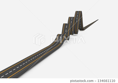Highway is twisting into loops with dashed and yellow lines on light flat design background 134081110