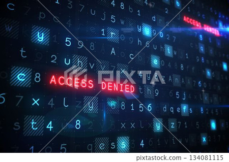 Red ACCESS DENIED text is appearing in flat digital UI with alphanumeric grid and glitch effects Red ACCESS DENIED text is appearing in flat digital UI with alphanumeric grid and glitch effects 134081115