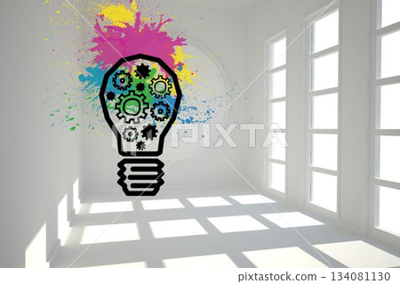 Light bulb with cogs in bright room 134081130