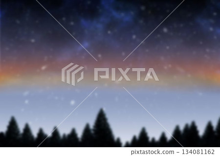 flat design coniferous treetops forming horizon, gradient sky, stars scattering near Milky Way band flat design coniferous treetops forming horizon, gradient sky, stars scattering near Milky Way band 134081162