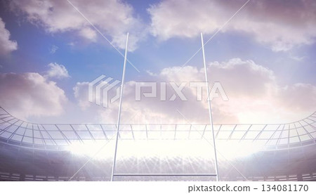 Flat graphic is depicting stadium roof trusses, floodlights, and centered white goalpost under sky Flat graphic is depicting stadium roof trusses, floodlights, and centered white goalpost under sky 134081170
