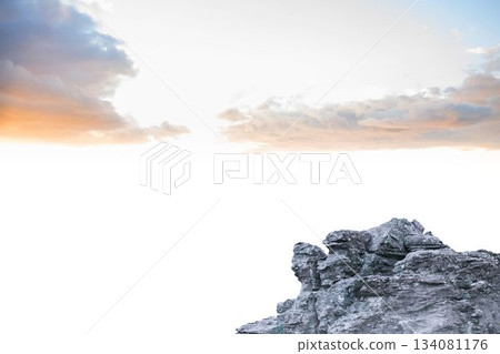 Flat design illustration is showing grey rock formation contrasting against bright cloudy sky 134081176