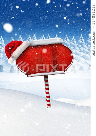 Red signboard is standing atop candy-cane pole wearing Santa hat amidst snowdrifts in flat design 134081218