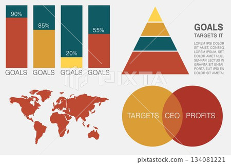 Computer graphic image of business presentation with charts and map 134081221