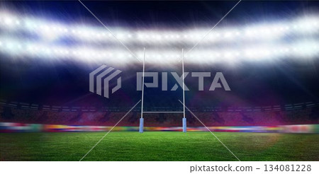 Rugby goalposts are standing on green turf under floodlights in flat design with blue padding 134081228