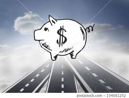 Piggy bank over streets in sky 134081252