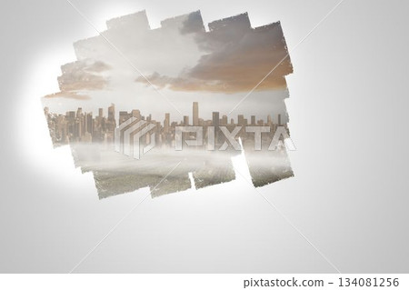 Display on wall showing cityscape 134081256