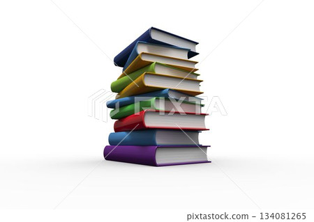 Stack of nine hardcover books is leaning in flat design showing page edges on white background Stack of nine hardcover books is leaning in flat design showing page edges on white background 134081265