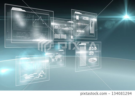 Futuristic UI panels are floating and showing graphs, network diagrams, readouts with teal glow Futuristic UI panels are floating and showing graphs, network diagrams, readouts with teal glow 134081294
