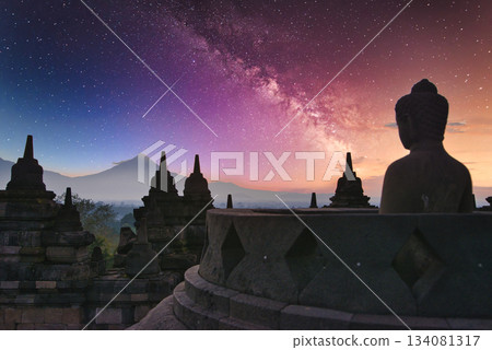 Beautiful night view of Borobudur temple Beautiful night view of Borobudur temple 134081317