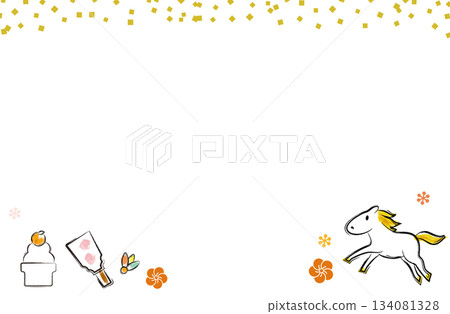 新年賀卡模板，圖案包括鏡餅、羽子板和馬（日式風格，馬年） 134081328