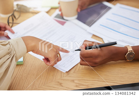Hands, paperwork and signing contract in office for business deal, hiring or application form. Pointing, writing and signature on documents for agreement, hr onboarding or recruitment with women. 134081342