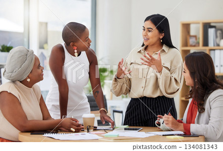 Diverse group, teamwork and young business women brainstorming, collaboration or cooperation. Ambitious confident professional team of colleagues talking and planning a marketing strategy together 134081343