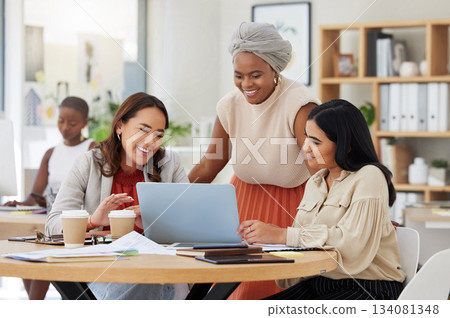Business women, laptop work and digital collaboration of a web analytics group in a office. Teamwork, solidarity and online agency of female staff in a meeting with website solution and data 134081348