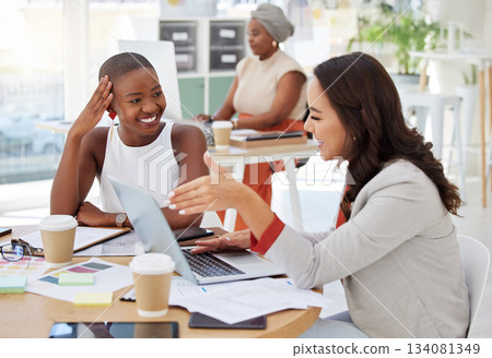 Business women, laptop discussion and collaboration of a web analytics group in a office. Teamwork, solidarity and online logistics of female staff in a meeting with website statistics and data 134081349