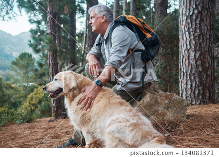 Senior man, hiking and dog outdoor in nature for exercise, fitness and trekking for health and wellness. Old male thinking with animal pet on hike in forest for workout and cardio with backpack Senior man, hiking and dog outdoor in nature for exercise, fitness and trekking for health and wellness. Old male thinking with animal pet on hike in forest for workout and cardio with backpack 134081371