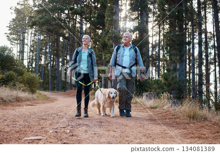 Forrest, hiking and old couple with dog on nature walk in mountain in Peru for fitness and exercise. Travel, man and woman on hike with Labrador pet, love and health on retirement holiday adventure. Forrest, hiking and old couple with dog on nature walk in mountain in Peru for fitness and exercise. Travel, man and woman on hike with Labrador pet, love and health on retirement holiday adventure. 134081389