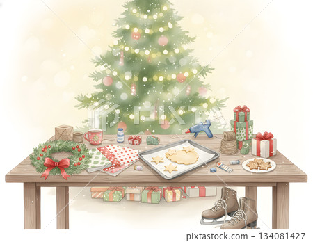 Watercolor illustration of a table full of Christmas crafts and cookies 134081427