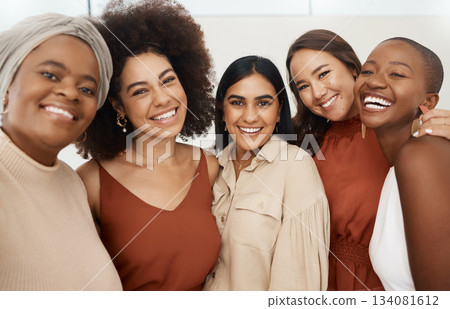 Happy woman, friends and portrait smile for selfie, profile picture or social media business at the office. Excited or friendly group of women face smiling for photo, vlog or online post at workplace Happy woman, friends and portrait smile for selfie, profile picture or social media business at the office. Excited or friendly group of women face smiling for photo, vlog or online post at workplace 134081612