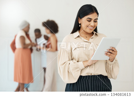 Business woman, tablet and typing online with a smile for communication, internet and network. Happy female entrepreneur working on touch screen for social media, leadership report or search Business woman, tablet and typing online with a smile for communication, internet and network. Happy female entrepreneur working on touch screen for social media, leadership report or search 134081613