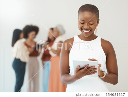 Black woman, tablet and business smile for communication, internet and network connection. Female leader on mobile app for social media, leadership report and search or typing and reading email Black woman, tablet and business smile for communication, internet and network connection. Female leader on mobile app for social media, leadership report and search or typing and reading email 134081617