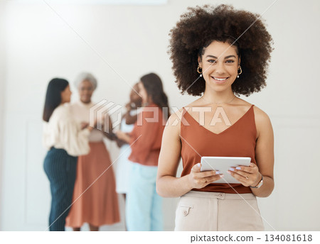 Tablet, portrait and business woman with a smile for communication, internet and network connection. Black female leader working on mobile touch screen for social media, leadership report or search Tablet, portrait and business woman with a smile for communication, internet and network connection. Black female leader working on mobile touch screen for social media, leadership report or search 134081618