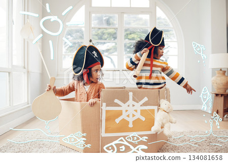 Play, box ship or pirate children point at fantasy fish, role play, or pretend in cardboard container. Boat trip, fun home game or sailing black kids on Halloween cruise journey with yacht captain 134081658