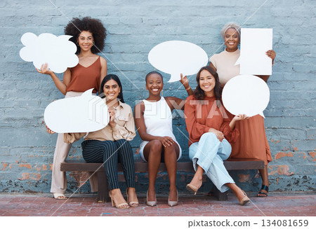Business woman, friends and speech bubble in social media holding shapes or icons against a wall background. Portrait of happy women smile with poster shaped symbols for networking or communication Business woman, friends and speech bubble in social media holding shapes or icons against a wall background. Portrait of happy women smile with poster shaped symbols for networking or communication 134081659