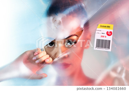 Plastic, tearing and beauty with portrait of woman and sale for creative, deal and package with price tag. Cosmetics, makeup and glow with girl model and break cover for aesthetic, product and art Plastic, tearing and beauty with portrait of woman and sale for creative, deal and package with price tag. Cosmetics, makeup and glow with girl model and break cover for aesthetic, product and art 134081660