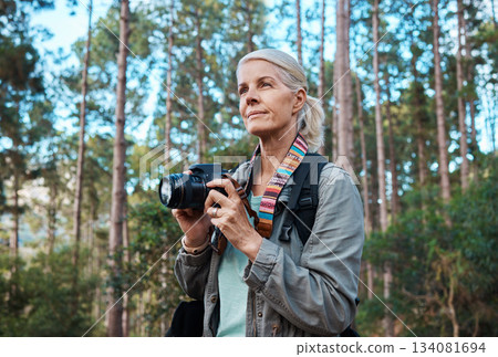 Camera, photographer and elderly woman taking pictures while hiking in a forest, calm and content. Nature, photography and senior lady enjoying retirement, relax and hobby while on vacation outdoors 134081694