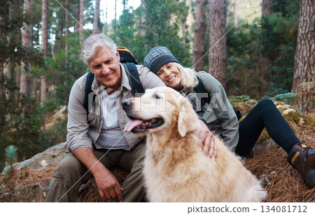 Nature, hike and senior couple with their dog in the woods for a wellness cardio exercise. Happy, travel and elderly man and woman hikers in retirement hiking with their pet in a forest in Australia. Nature, hike and senior couple with their dog in the woods for a wellness cardio exercise. Happy, travel and elderly man and woman hikers in retirement hiking with their pet in a forest in Australia. 134081712
