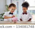 Happy, saving and girls with money for a piggybank, investing coins and excited while playing. Budget, smile and little children with cash for investment, safe keeping and learning to save together 134081748