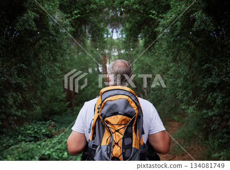 Adventure, hiking and senior man in a forest or woods and walking in nature for exercise, workout or fitness. Travel, adventure and back view of elderly male person trekking to explore the outdoors Adventure, hiking and senior man in a forest or woods and walking in nature for exercise, workout or fitness. Travel, adventure and back view of elderly male person trekking to explore the outdoors 134081749