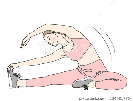 Stretching illustration of a woman sitting and stretching her side, full body, front, pink 134081770