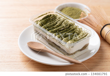 Matcha Tiramisu cake with green tea powder on top, Italian dessert fusion with Japanese 134081791