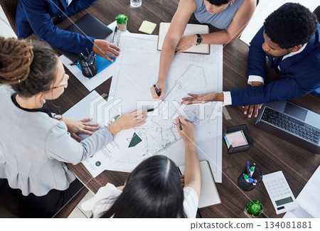 Business people, hands and planning construction above in meeting for team collaboration at office. Hand of architect group in teamwork strategy, brainstorming or discussing floor plan at workplace Business people, hands and planning construction above in meeting for team collaboration at office. Hand of architect group in teamwork strategy, brainstorming or discussing floor plan at workplace 134081881