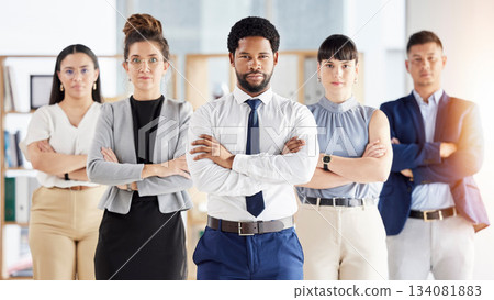 Business people, portrait and serious team with arms crossed in confidence for leadership at the office. Diversity, men and women in corporate management, teamwork or company mission at the workplace Business people, portrait and serious team with arms crossed in confidence for leadership at the office. Diversity, men and women in corporate management, teamwork or company mission at the workplace 134081883